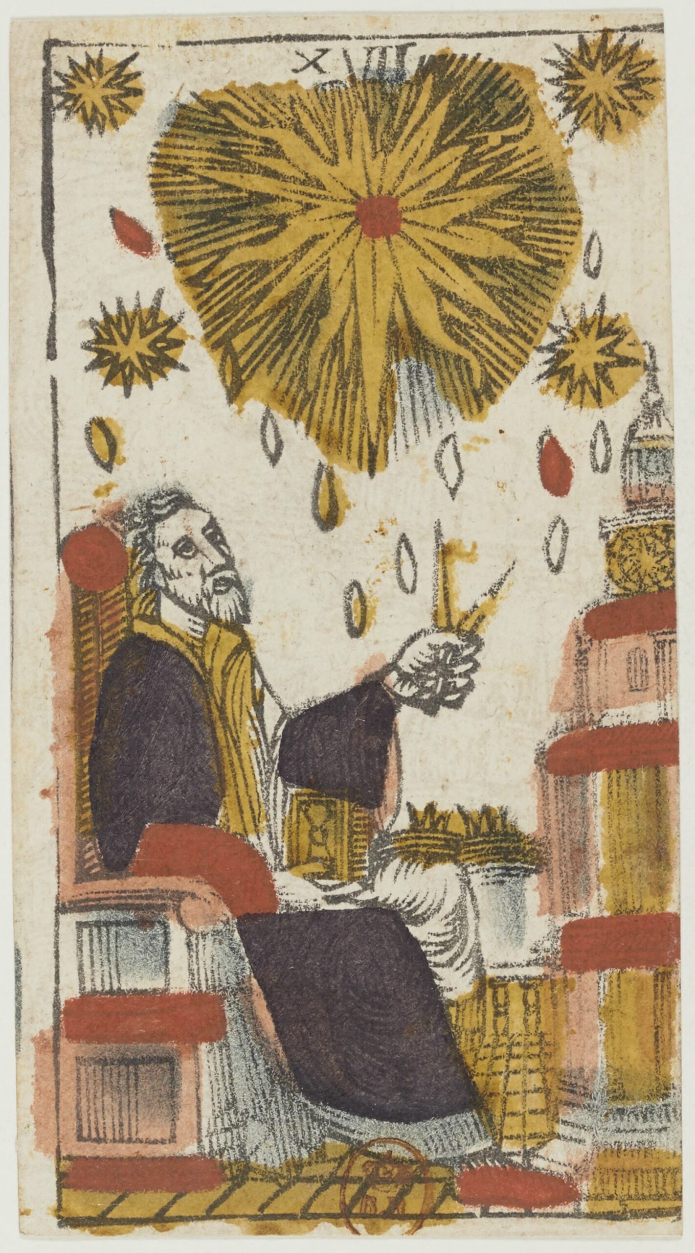 Atout XVII du tarot de Jacques Viéville, un savant assis tenant un compas sous une grande étoile, devant une tour