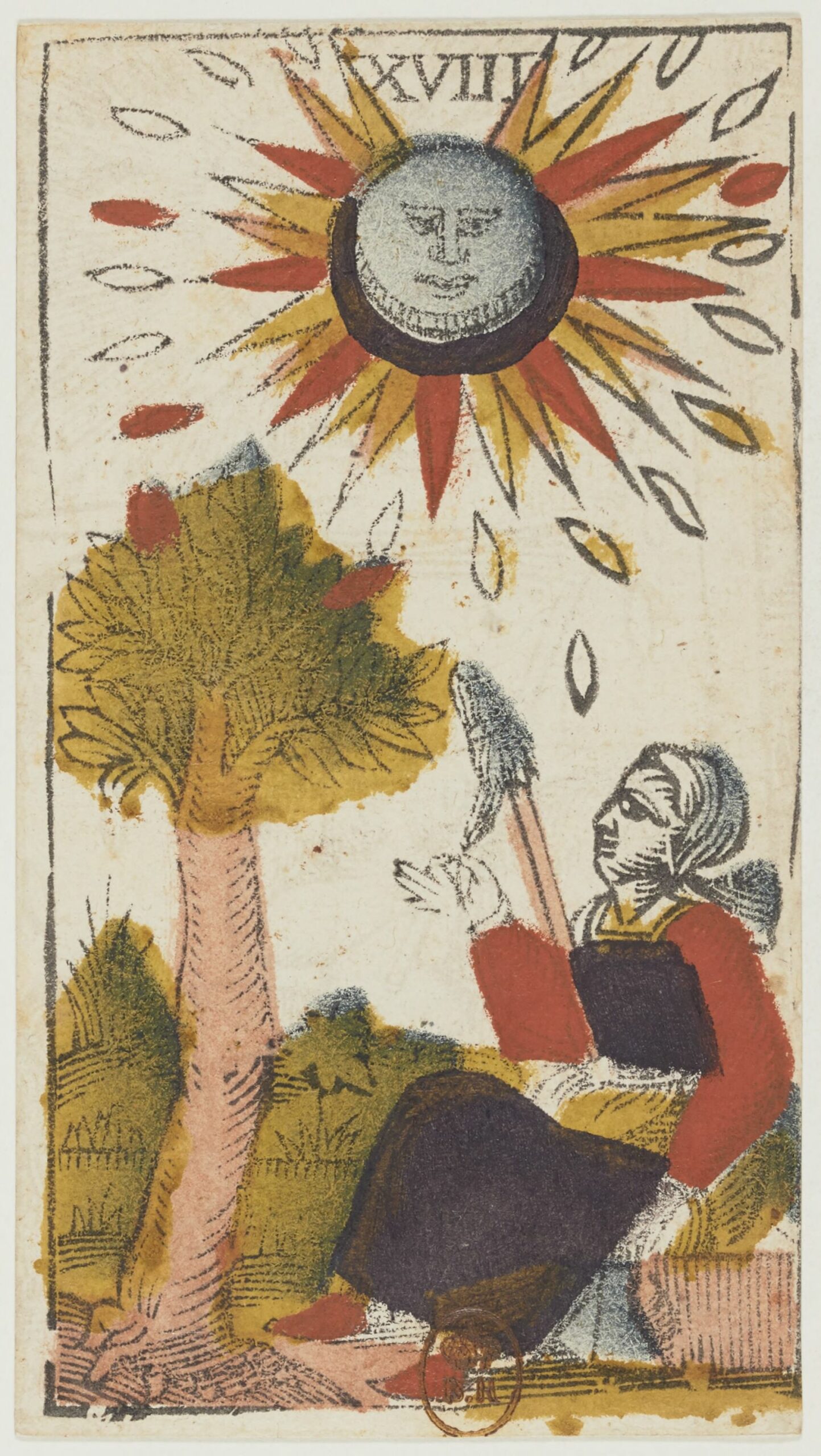 Atout XVIII du tarot de Jacques Viéville, une femme assise filant la laine au pied d'un arbre, sous la lune