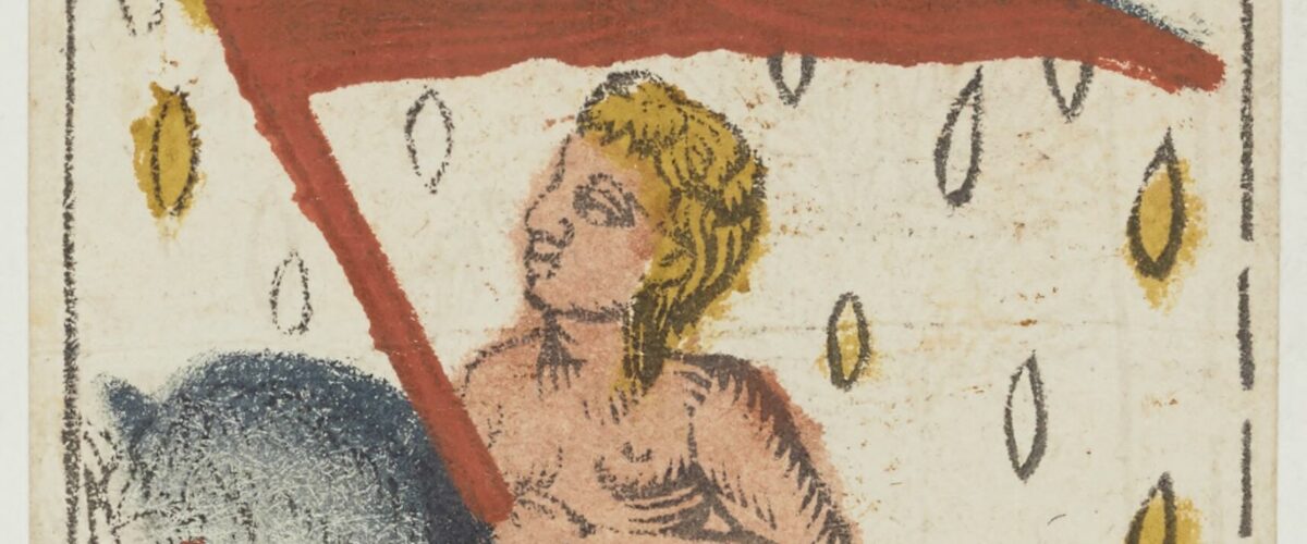Atout XIX du tarot de Jacques Viéville, un enfant nu à cheval portant un étendard rouge, sous un grand soleil
