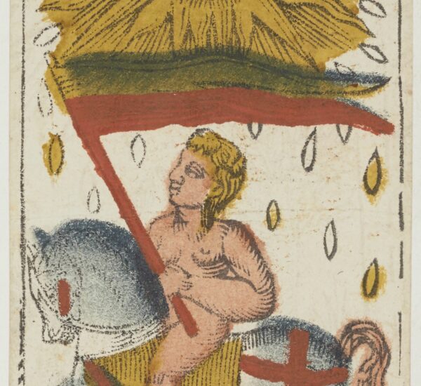 Atout XIX du tarot de Jacques Viéville, un enfant nu à cheval portant un étendard rouge, sous un grand soleil