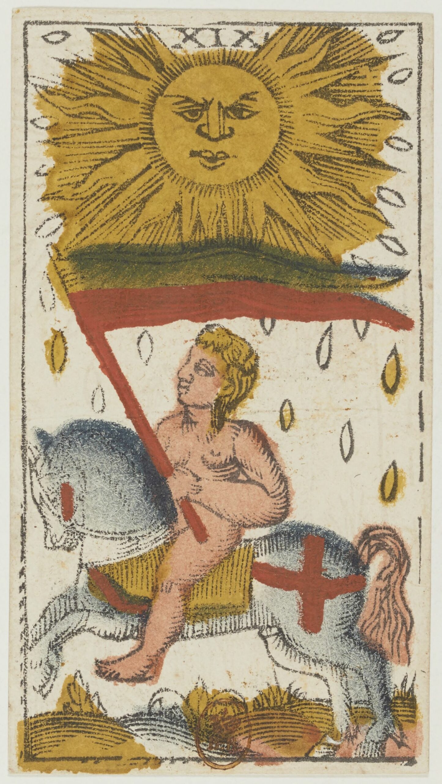 Atout XIX du tarot de Jacques Viéville, un enfant nu à cheval portant un étendard rouge, sous un grand soleil