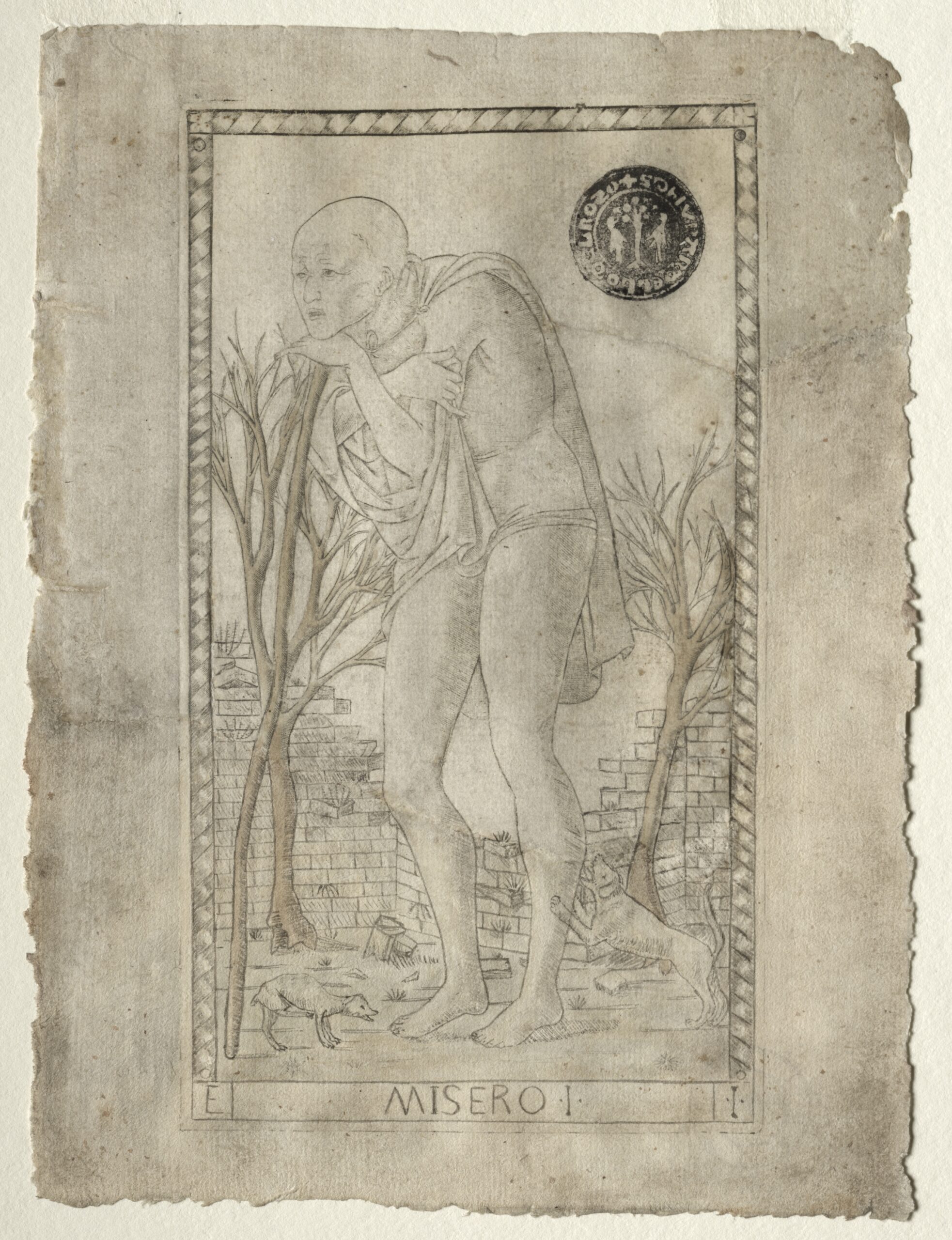 Gravure n° 1 de la série E des tarots dits de Mantegna, le Mendiant, Cleveland Museum of Art